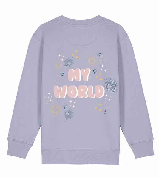 'My World’ - Kids Sweatshirt in Lavendar with pink print.