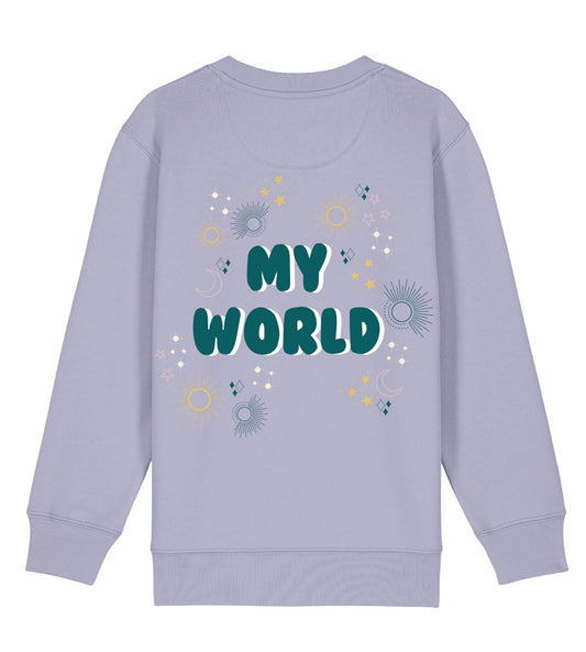 ’My World’ - Kids Sweatshirt in Lavendar with dark green print.