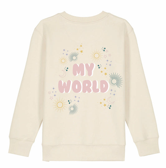 'My World’ - Kids Sweatshirt in Ecru with pink print