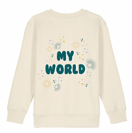 'My World’ - Kids Sweatshirt in Ecru with green print